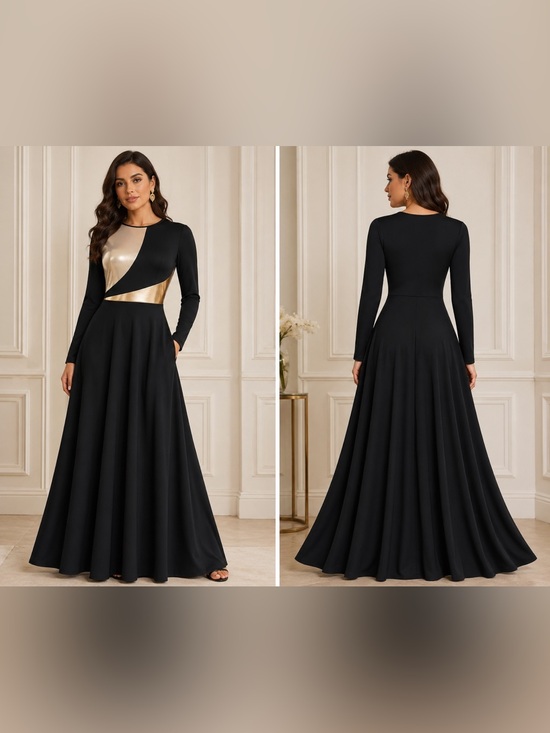 Dresses & Skirts - Black Gold Metallic Panel Maxi Dress Long Sleeve A-Line Formal Evening Party Gow